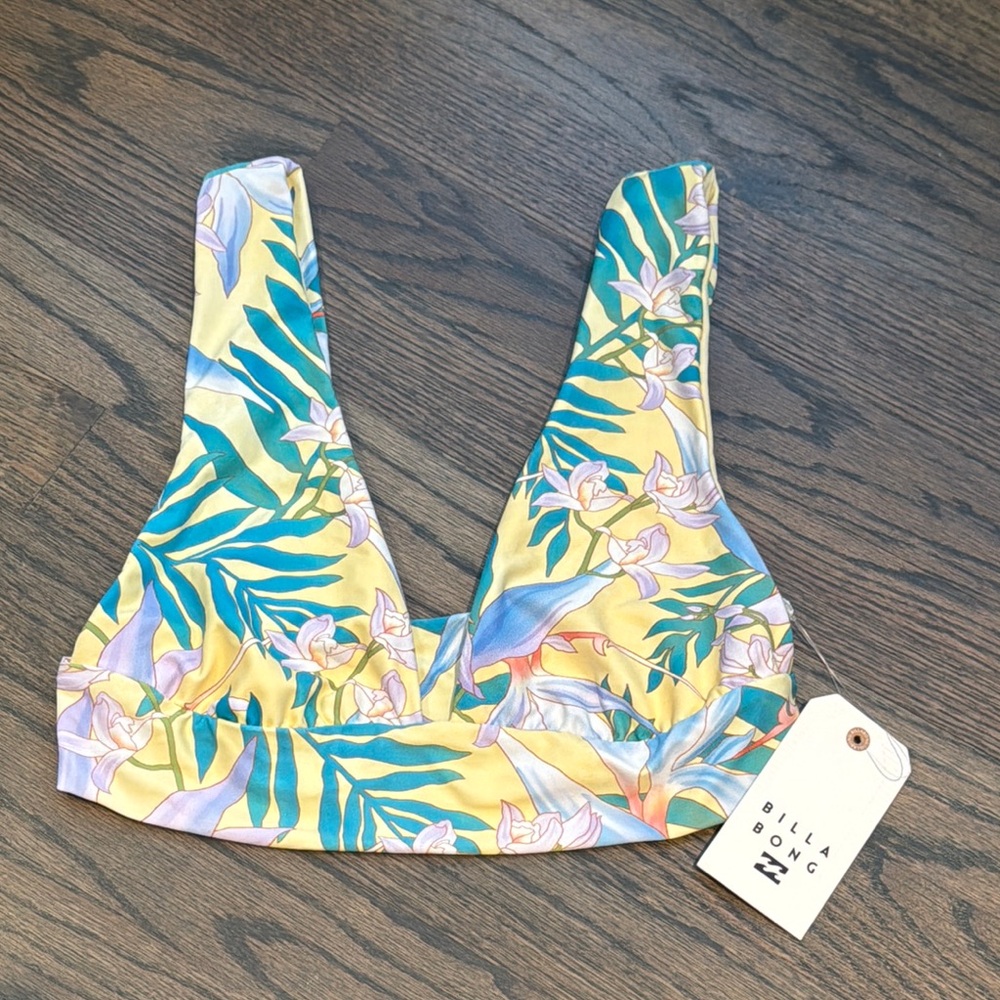 Billabong Yellow Floral V-Neck Bikini Top with Teal Leaves